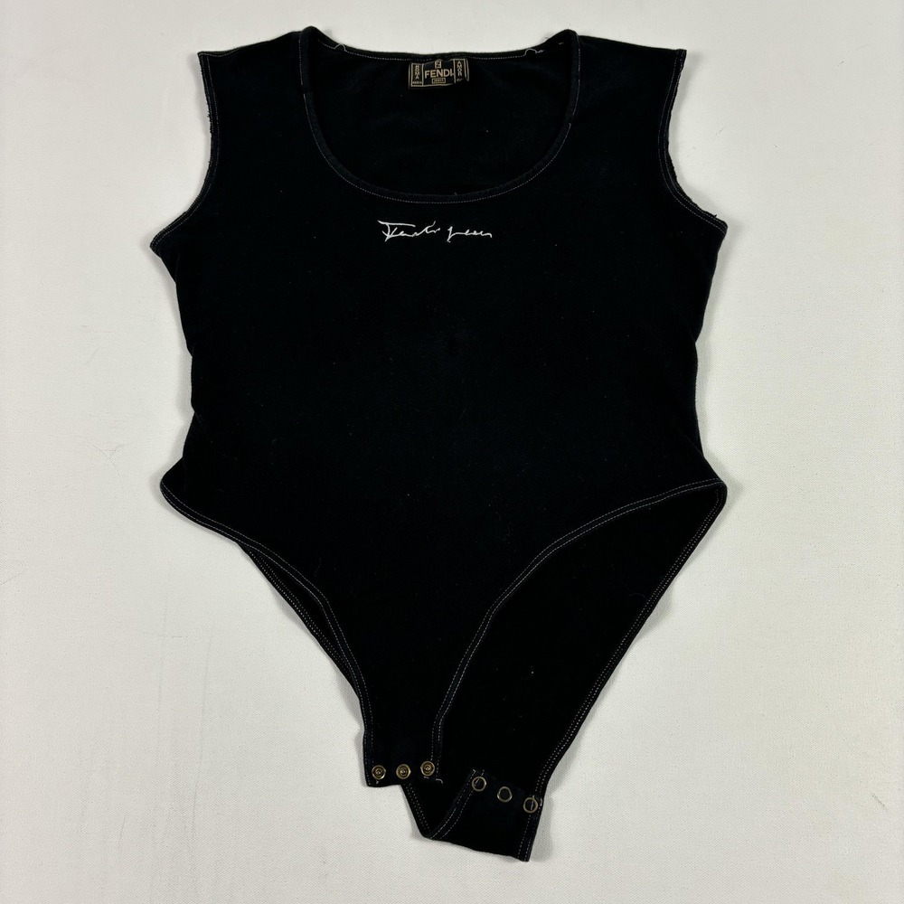 Vintage Fendi Jeans Bodysuit Womens Small Black Jersey Front Closure Stretch 90s